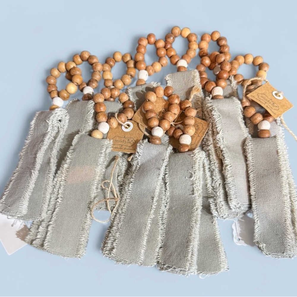 NWT- Mud Pie Tan/Gray Beaded Fringe Napkin Rings with Wood Beads-Set of 6